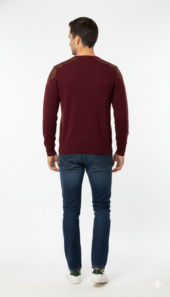 Elegant Maroon V-Neck Sweater with Motif Detail