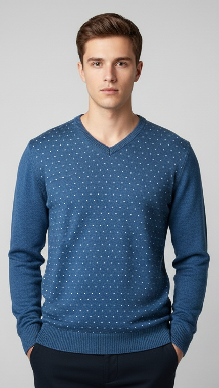 Men's Dotted Jacquard V-Neck Sweater - Denim Blue