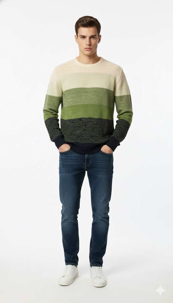 Multi-Tone Striped Knit Sweater in Green Hues.