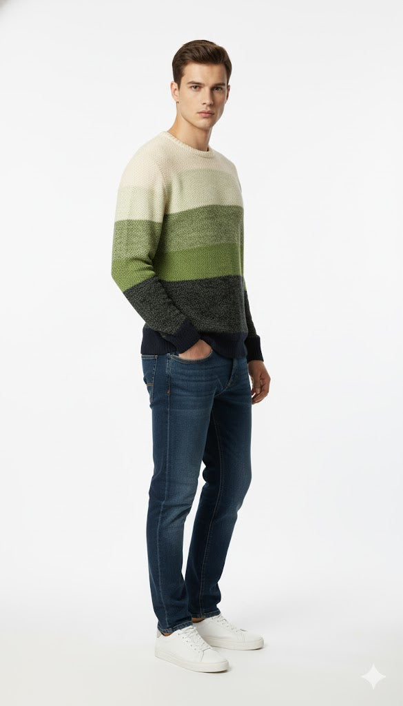 Multi-Tone Striped Knit Sweater in Green Hues.