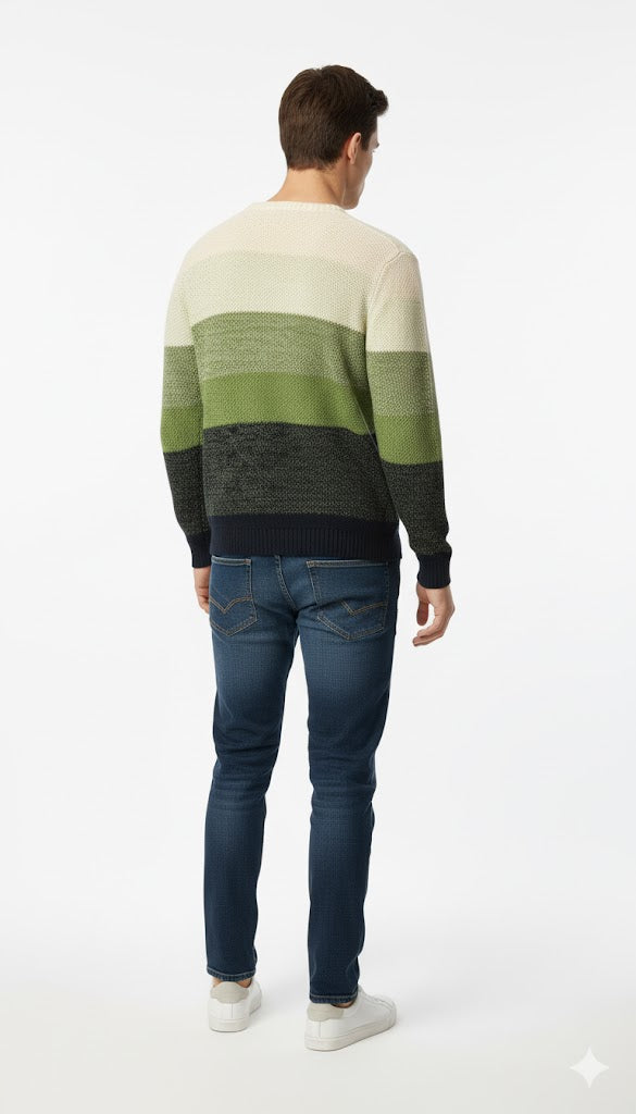 Multi-Tone Striped Knit Sweater in Green Hues.