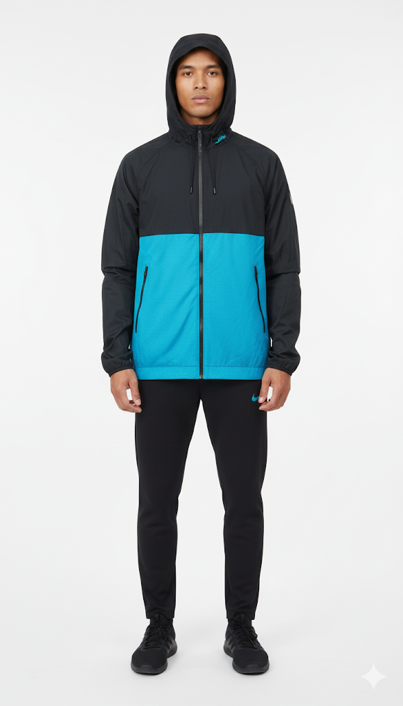 Teal and Black Color-Blocked Windbreaker