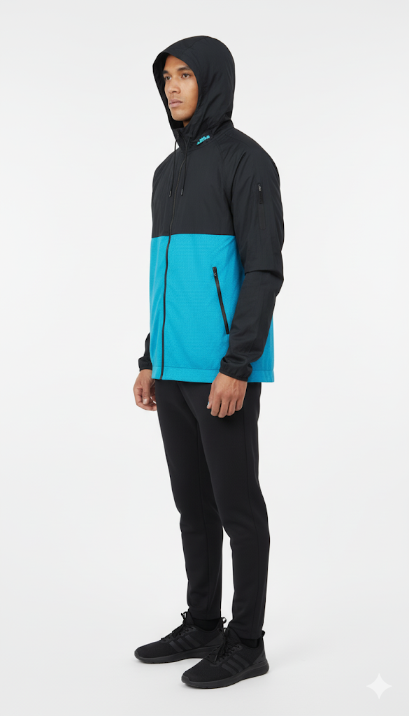 Teal and Black Color-Blocked Windbreaker