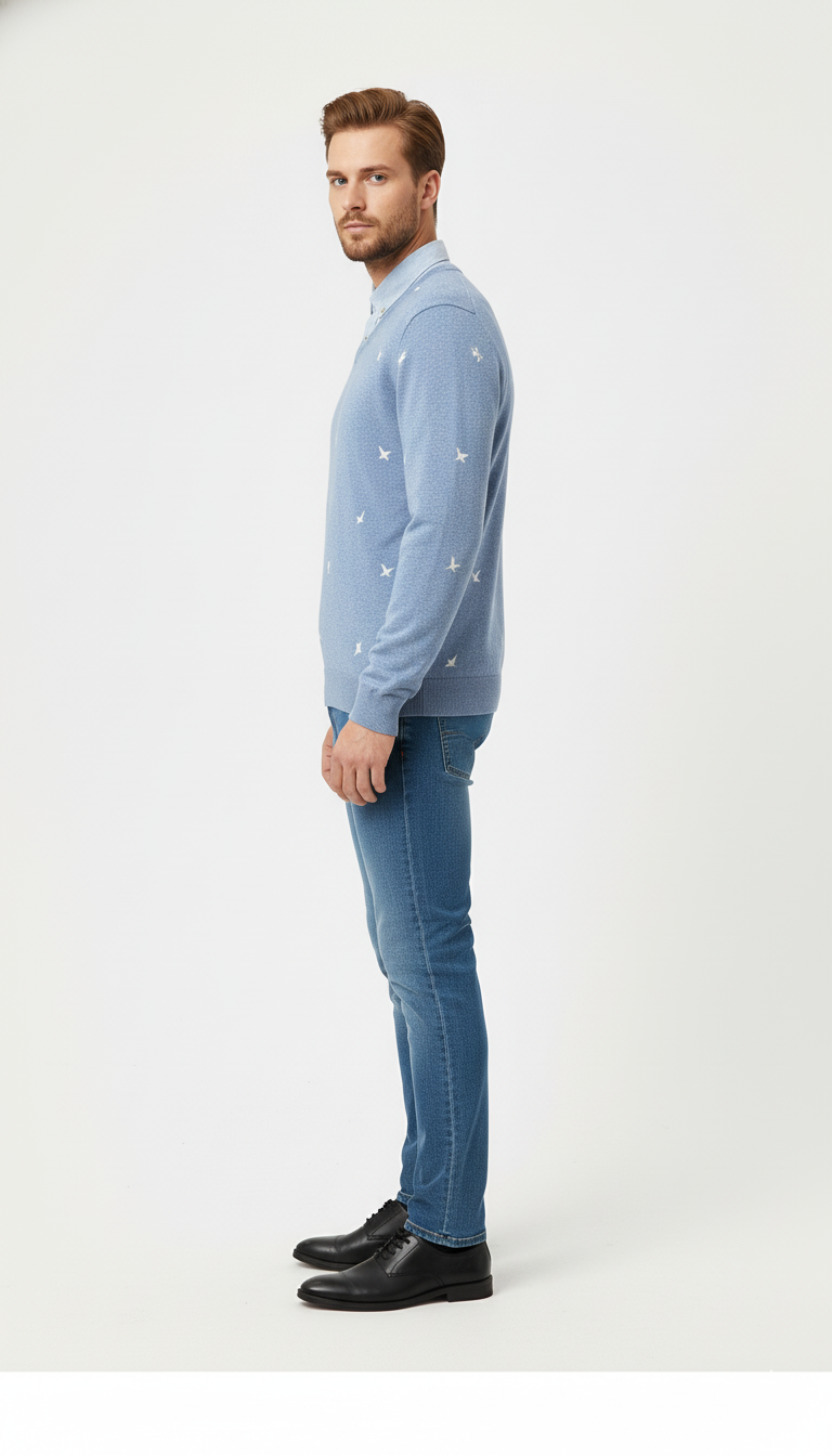 Men's Light Blue Bird-Patterned Sweater