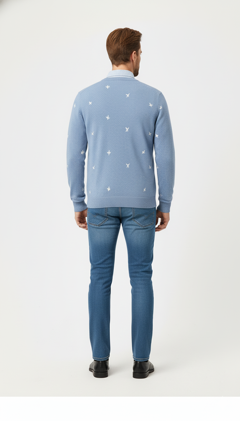 Men's Light Blue Bird-Patterned Sweater