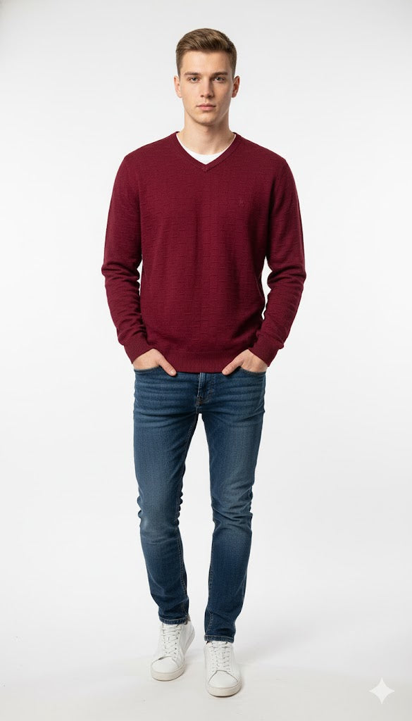Textured Burgundy V-Neck Sweatshirt