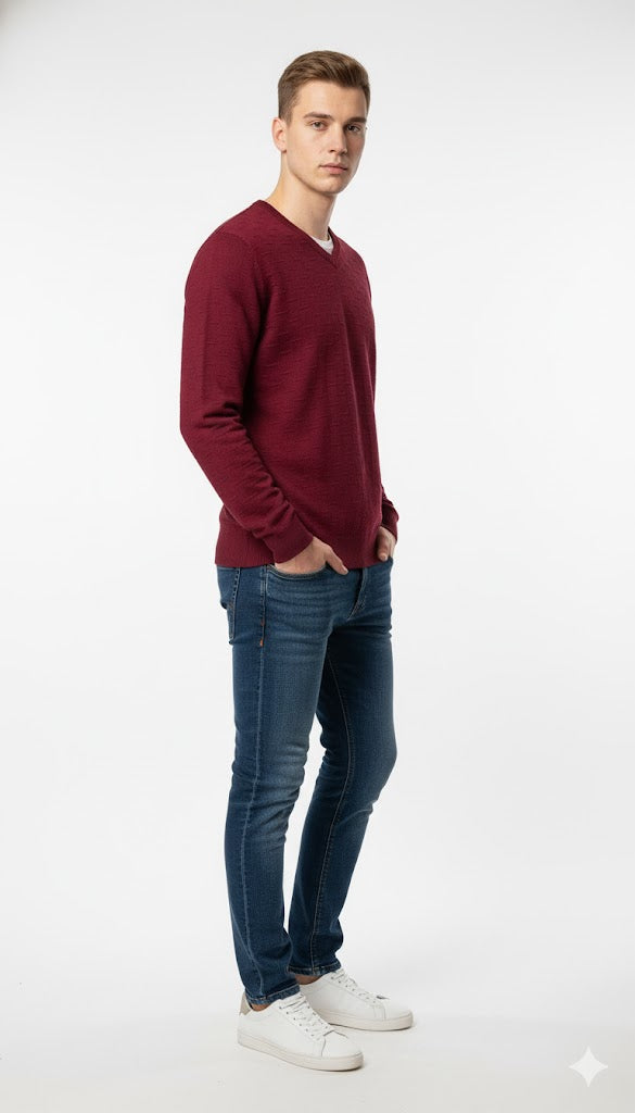 Textured Burgundy V-Neck Sweatshirt