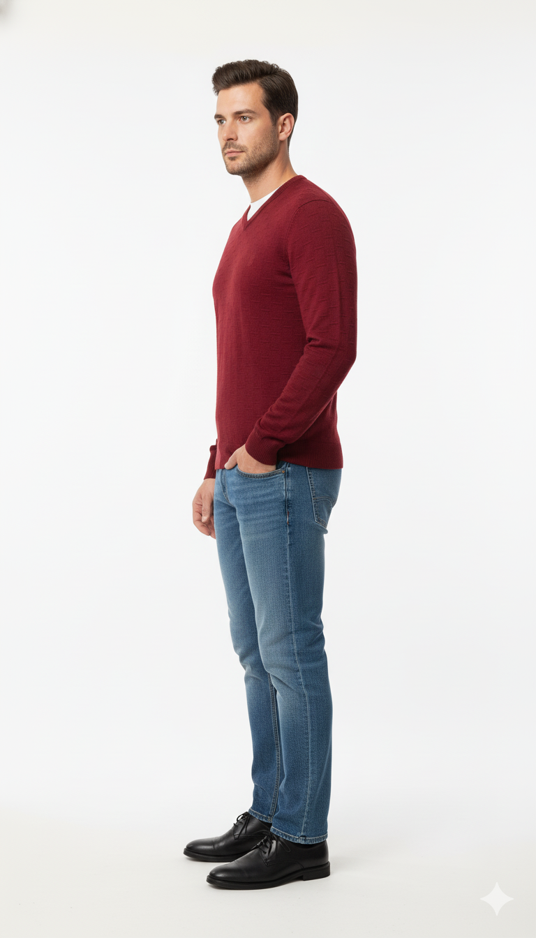 Men's Rich Red Textured V-Neck Sweater