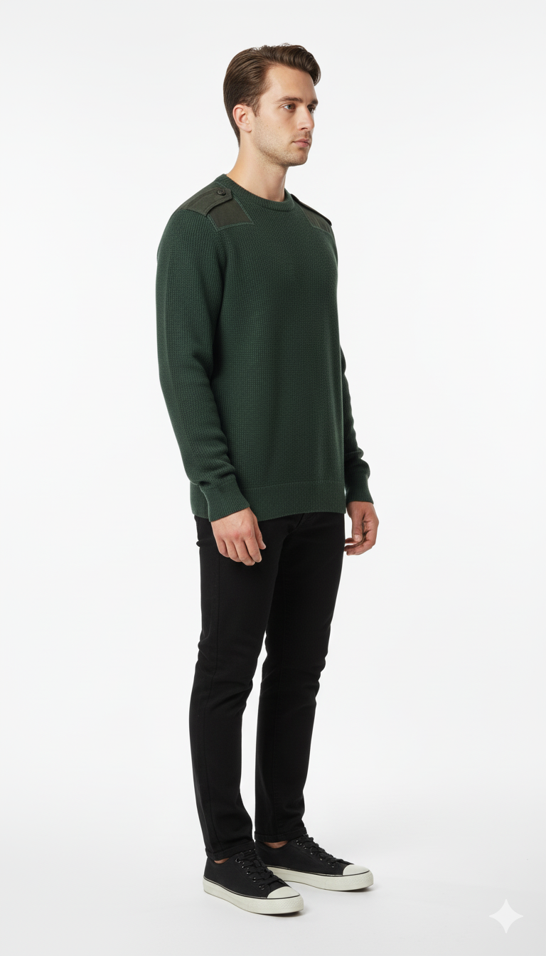 Men's Dark Green Ribbed Crewneck Sweater with Canvas Shoulder Patches