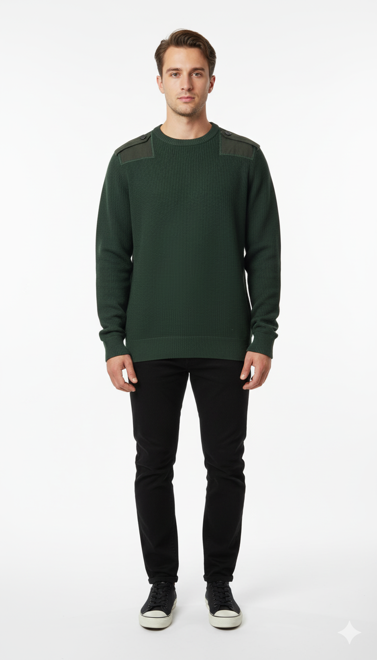 Men's Dark Green Ribbed Crewneck Sweater with Canvas Shoulder Patches