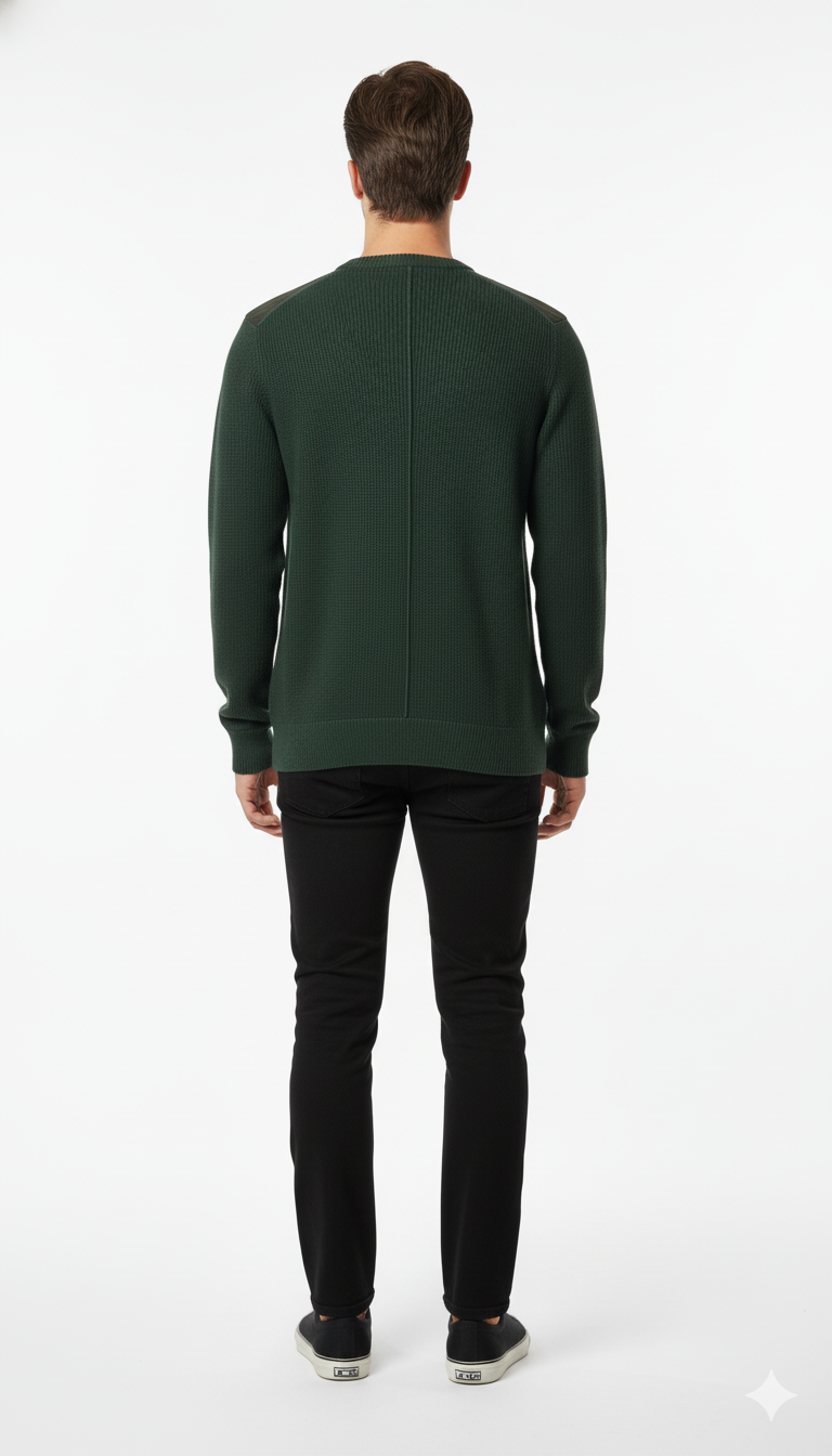 Men's Dark Green Ribbed Crewneck Sweater with Canvas Shoulder Patches