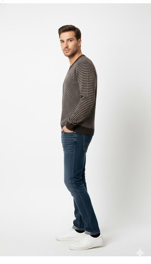 Textured V-Neck Knit Sweatshirt