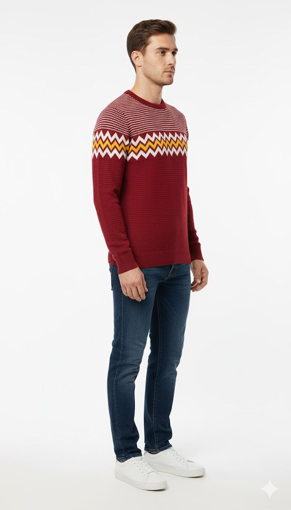 Men's Classic Red Geometric V-Neck Sweater