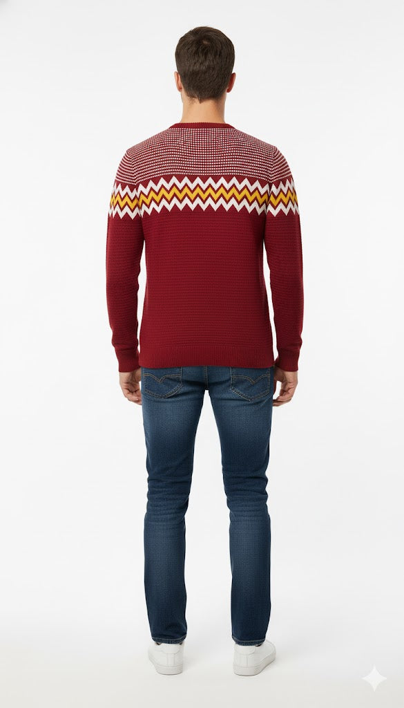 Men's Classic Red Geometric V-Neck Sweater