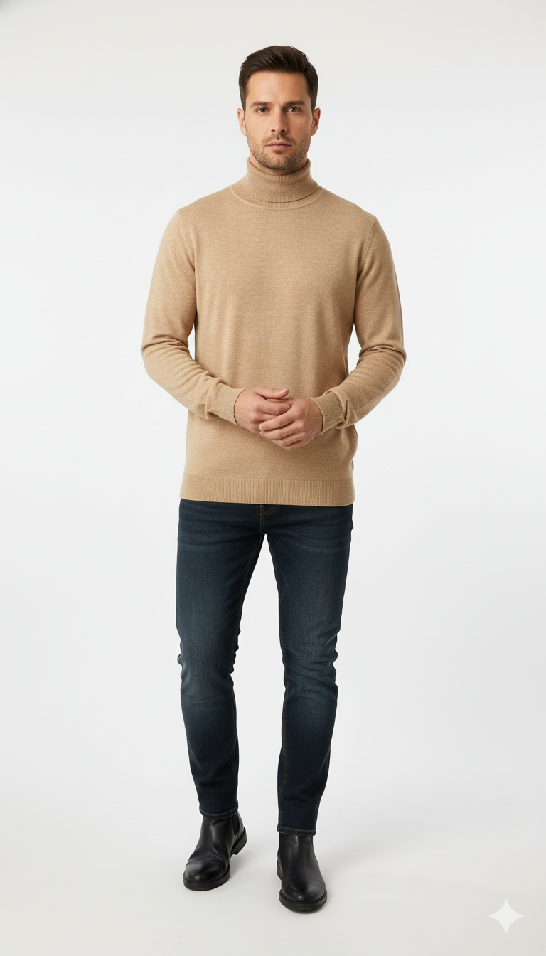 Classic Ribbed Turtleneck Sweater in Beige