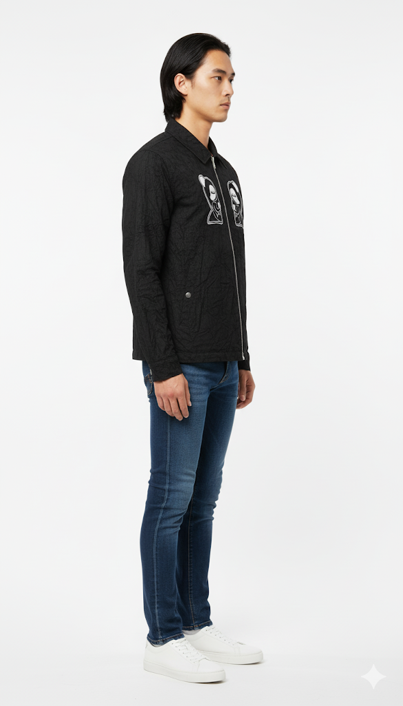 Black Textured Graphic Coach Jacket