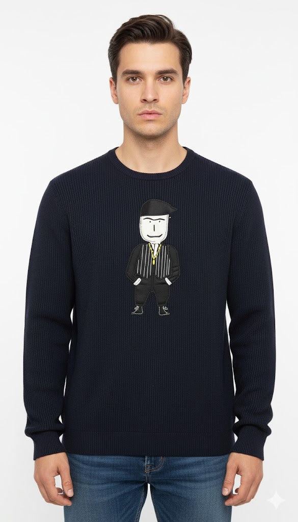 Men's Navy Ribbed Sweater with Cartoon Emblem