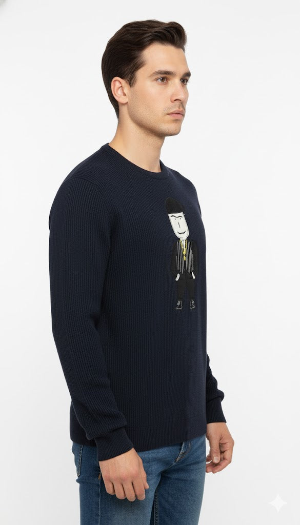 Men's Navy Ribbed Sweater with Cartoon Emblem