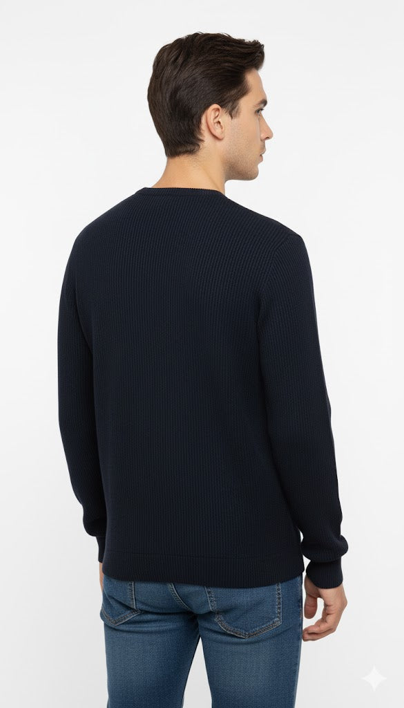 Men's Navy Ribbed Sweater with Cartoon Emblem