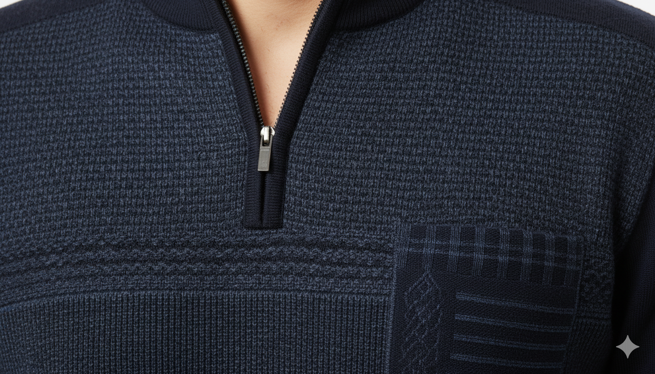 Men's Textured Panel Quarter-Zip Sweater - Navy Blue