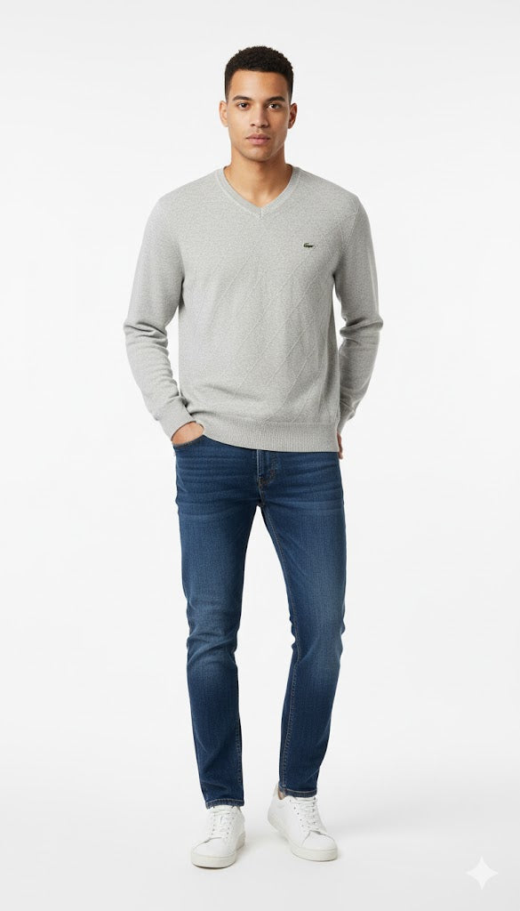Textured V-Neck Diamond Pattern Sweatshirt