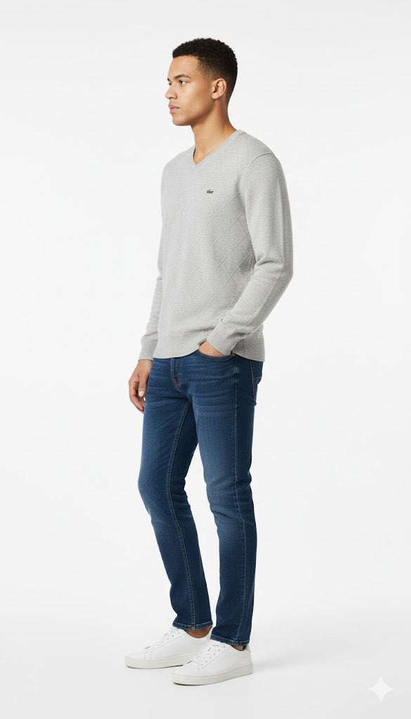 Textured V-Neck Diamond Pattern Sweatshirt