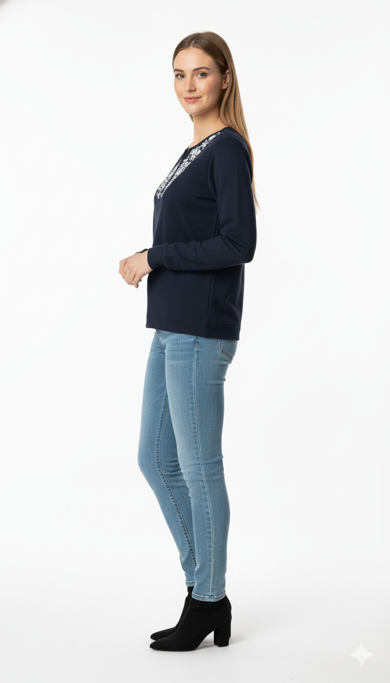 Women's Textured Navy Crewneck Jumper
