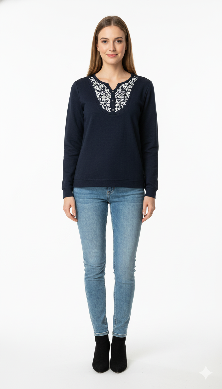 Women's Textured Navy Crewneck Jumper