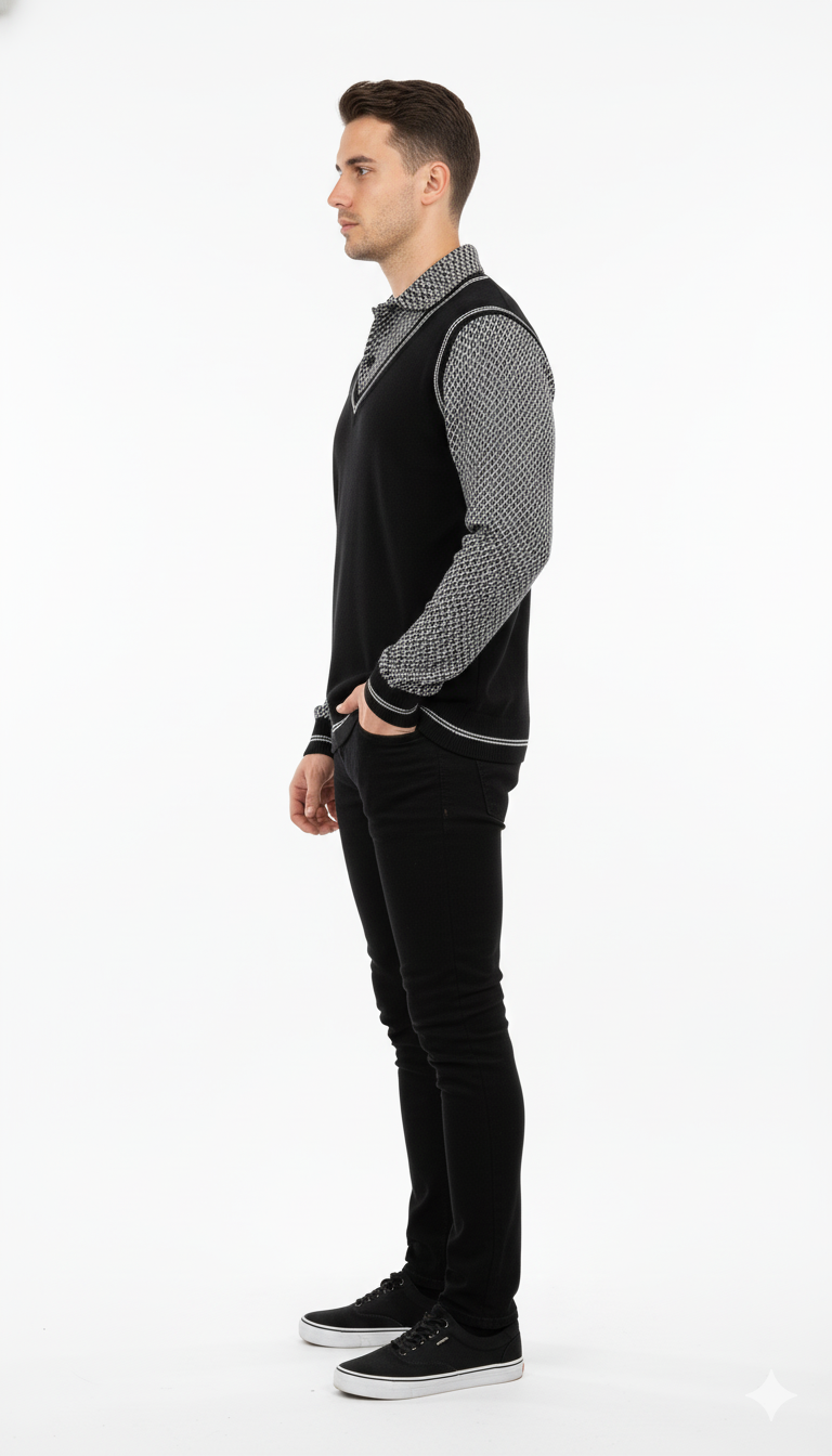 Textured Knit Crewneck Sweater with Shoulder Patch Detail