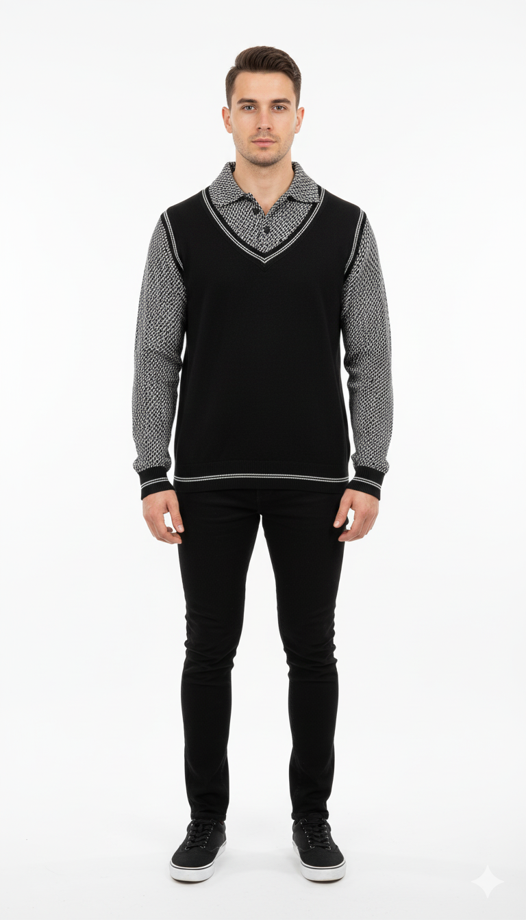 Textured Knit Crewneck Sweater with Shoulder Patch Detail