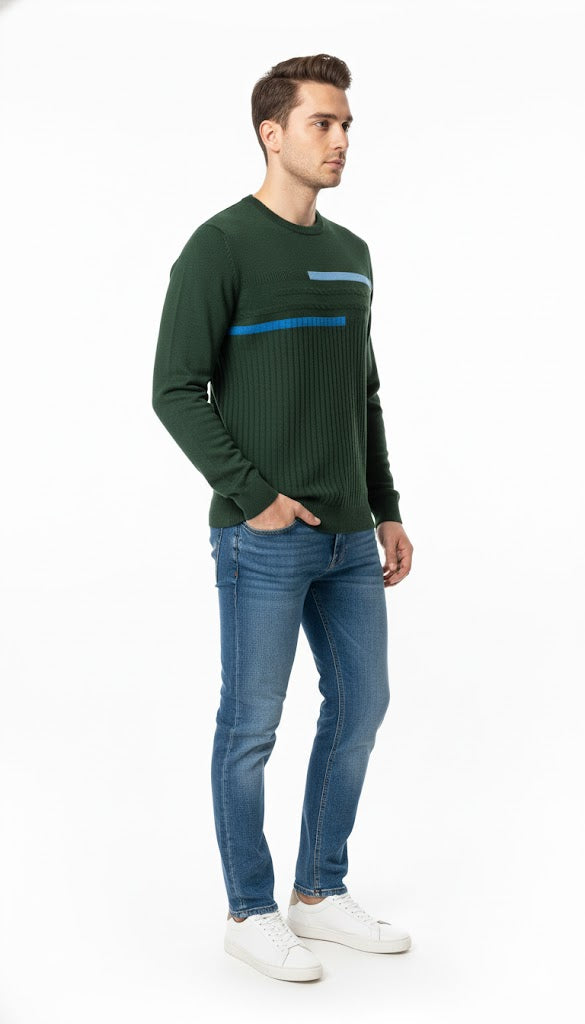 Modern Green Knit Sweatshirt with Accent Stripes