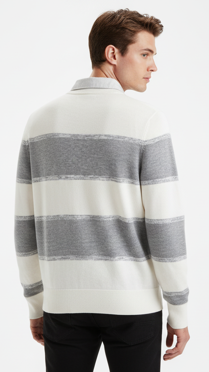 Men's Classic Rugby Stripe Polo Sweater - Grey & White
