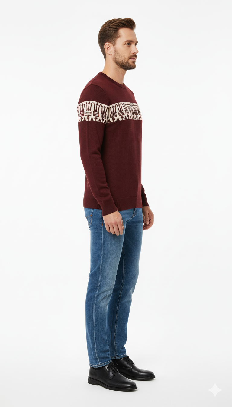 Men's Maroon Textured V-Neck Sweater