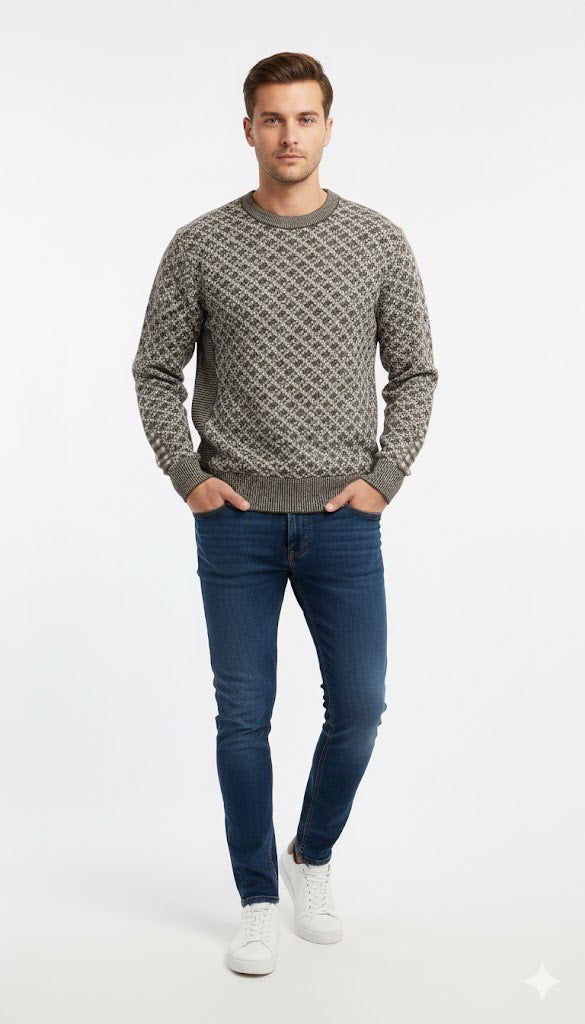 Stylish Micro-Check Knit Crewneck Sweatshirt