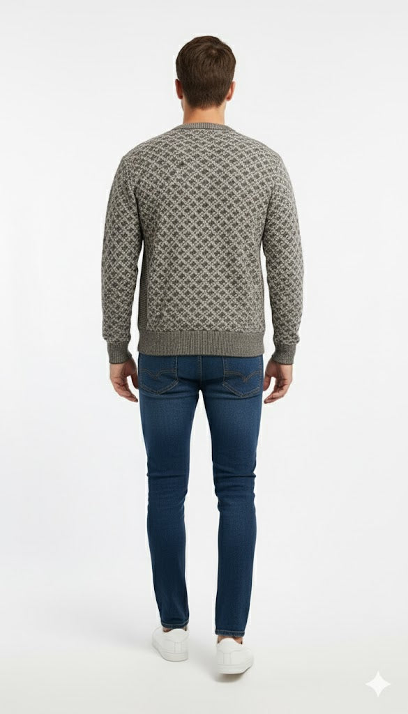 Stylish Micro-Check Knit Crewneck Sweatshirt