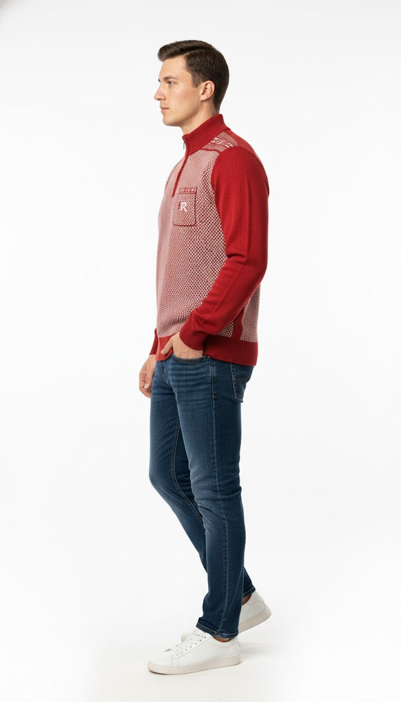 Dynamic Red & White Patterned Quarter-Zip Sweatshirt