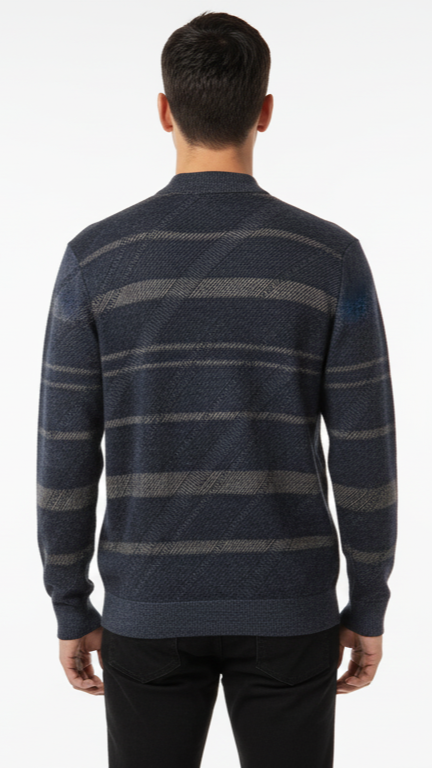Men's Textured Stripe Mock Neck Sweater - Navy & Grey