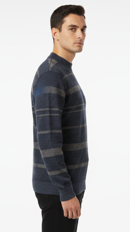 Men's Textured Stripe Mock Neck Sweater - Navy & Grey