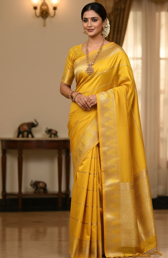 Yellow Saree with Silver Zari Border