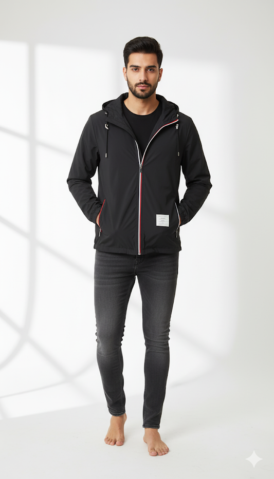 Black Lightweight Windbreaker with Tricolor Trim