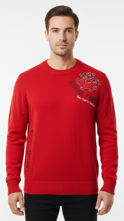 Men's Red Textured Crewneck with Embroidered Graphics