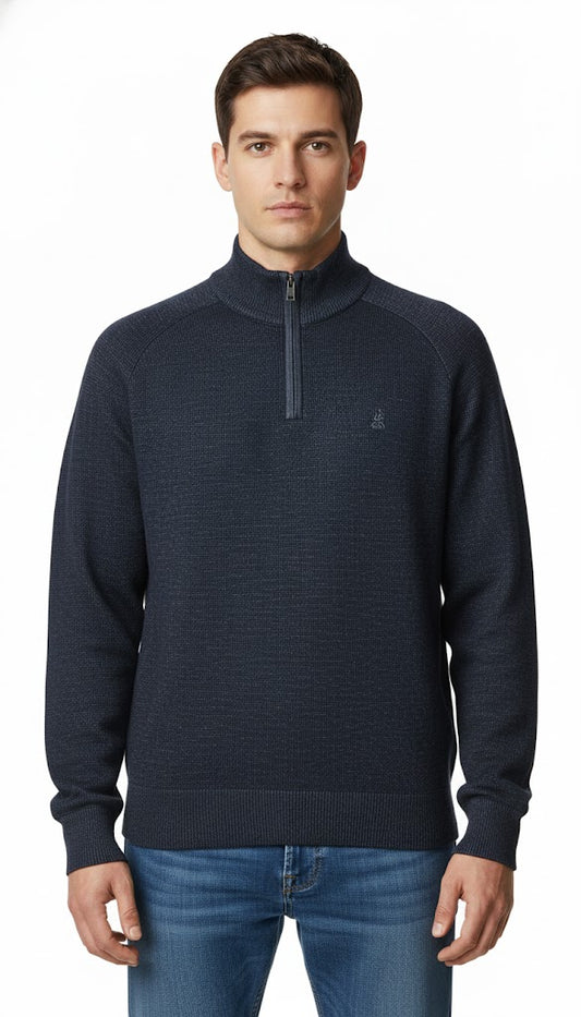 Men's Textured Quarter-Zip Sweater with Contrast Trim - Navy