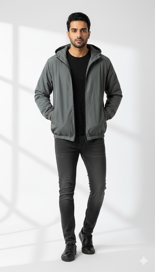 Minimalist Slate Gray Hooded Jacket