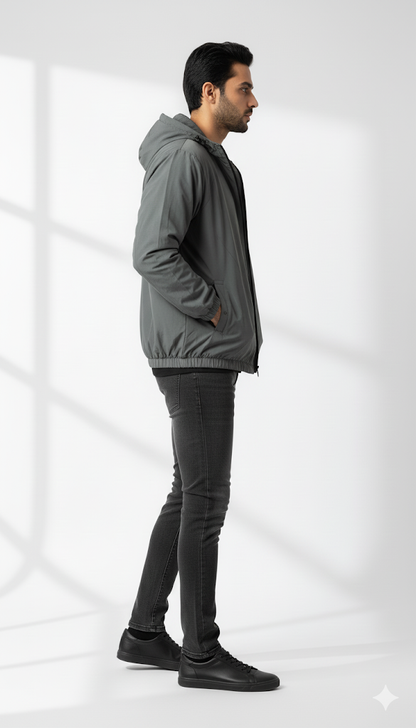 Minimalist Slate Gray Hooded Jacket