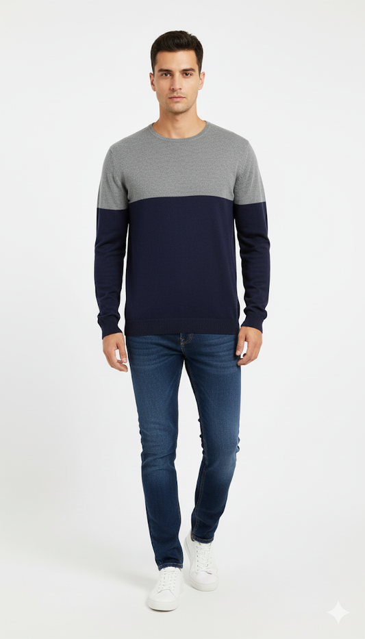 Elegant Grey Fair Isle Crewneck Sweater