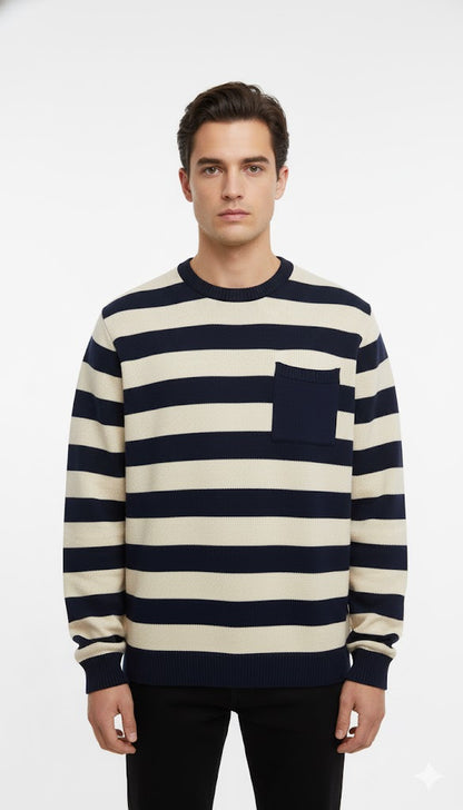 Breton Stripe Sweater with Chest Pocket - Navy & White