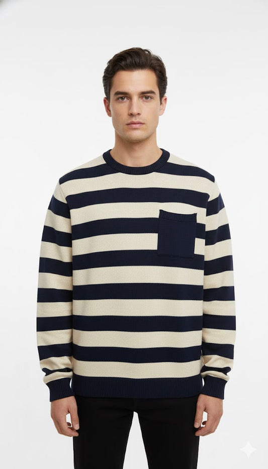 Breton Stripe Sweater with Chest Pocket - Navy & White