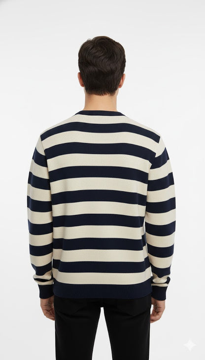 Breton Stripe Sweater with Chest Pocket - Navy & White