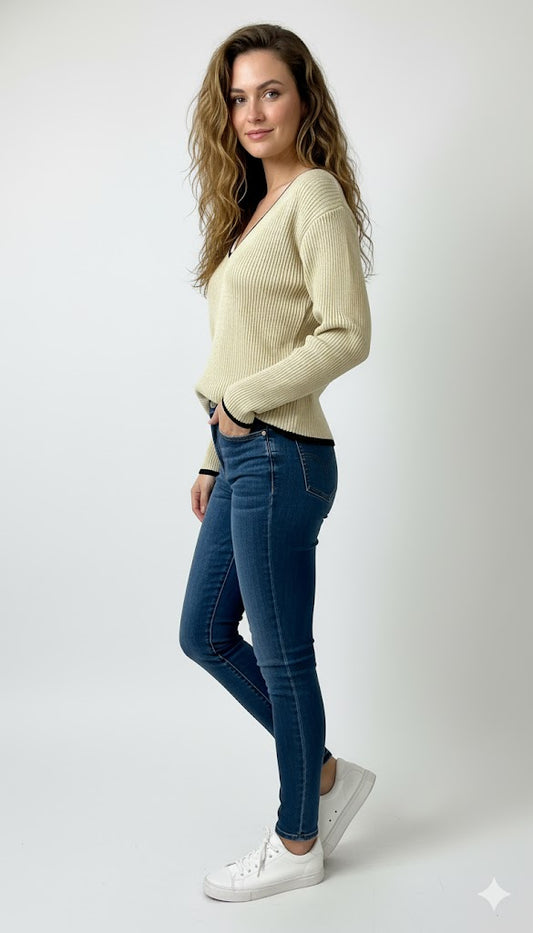 Women's Ribbed V-Neck Sweater with Contrast Trim