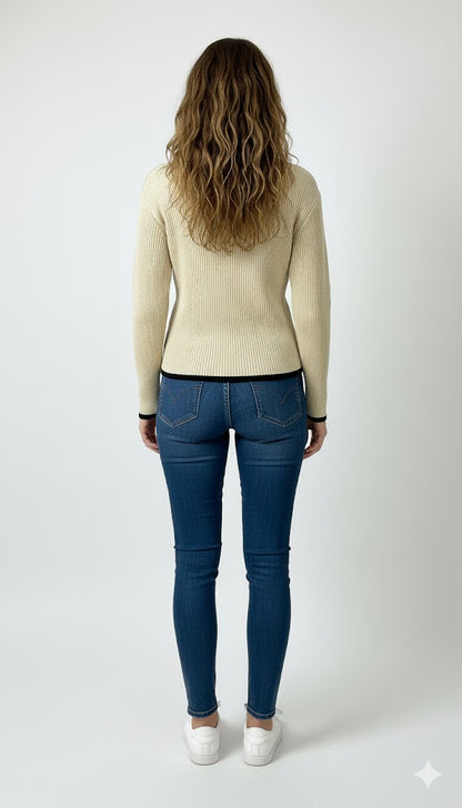 Women's Ribbed V-Neck Sweater with Contrast Trim